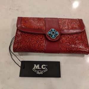 M.C.Red Leather Wallet with Embossed Design